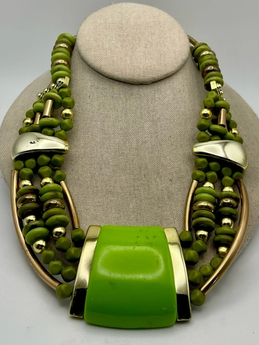Vibrant Lime Green and Polished Gold Tone Multi Strand Statement Bib Necklace - Picture 10 of 15